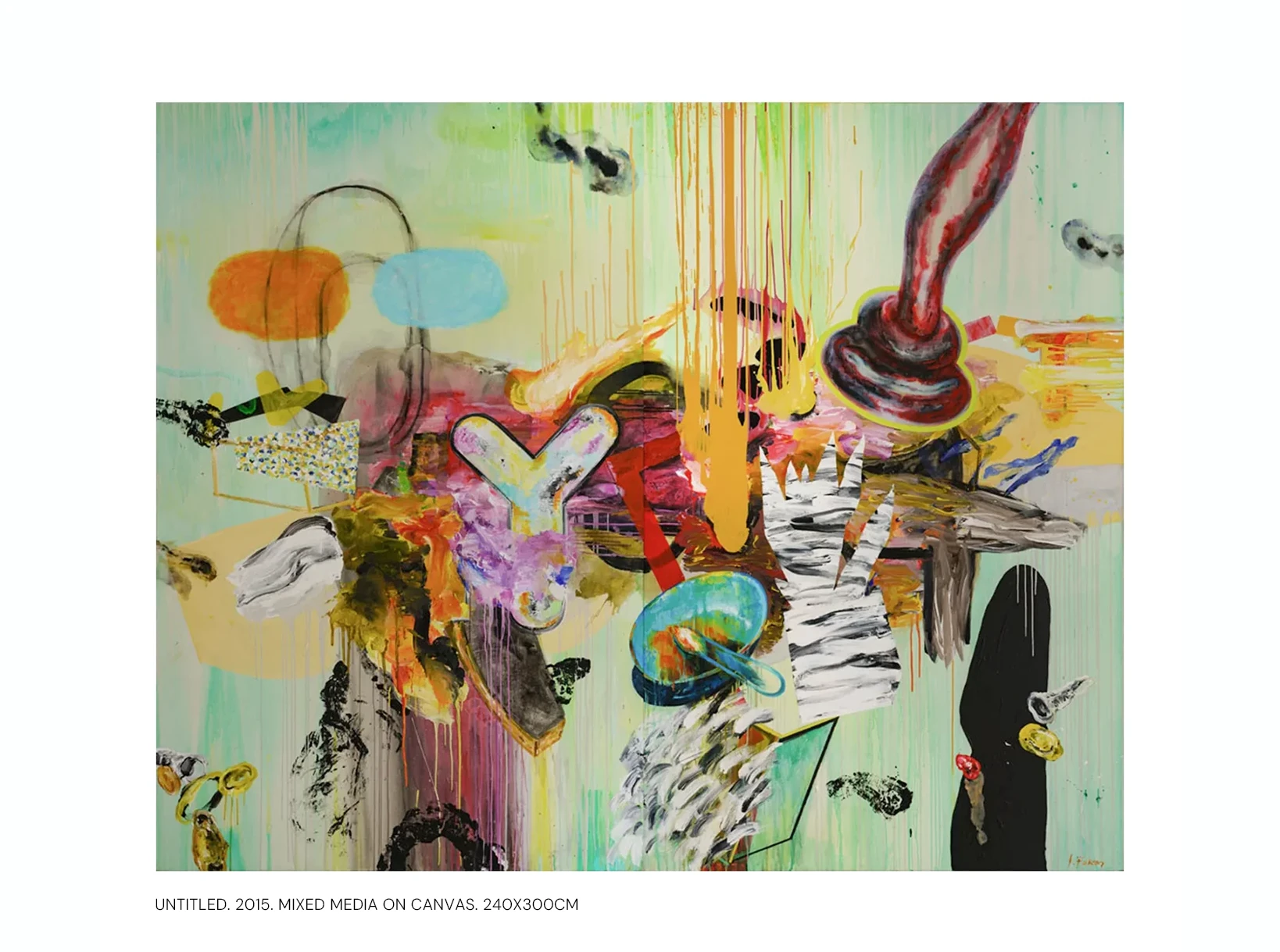 Contemporary artists Yiannis Fokas' artwork from 2015. Untitled. Diptych. 240 x 300 cm. Multicolor, mixed media techniques. Vast green tint background, various abstract and slightly formulated shapes, some reminding a paintbrush and a bowl. Paint drips flowing in various perpendicular directions heading to the borders of the canvas.