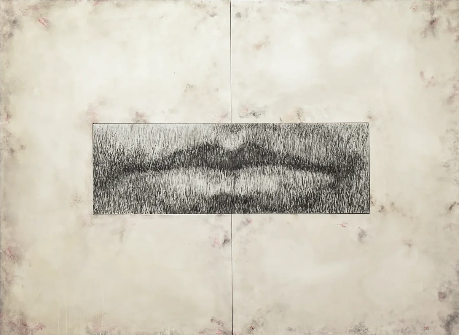 Contemporary artists Yiannis Fokas' artwork from 2018. Titled Talking Silcence. Triptych, two u-shaped canvases hugging a rectangular canvas. 220 x 300 cm. Greyscale, mixed media techniques. Left-right canvas grey flows of paint. The middle canvas holds a sketch of a closed mouth, silence speaking volumes; louder than words.