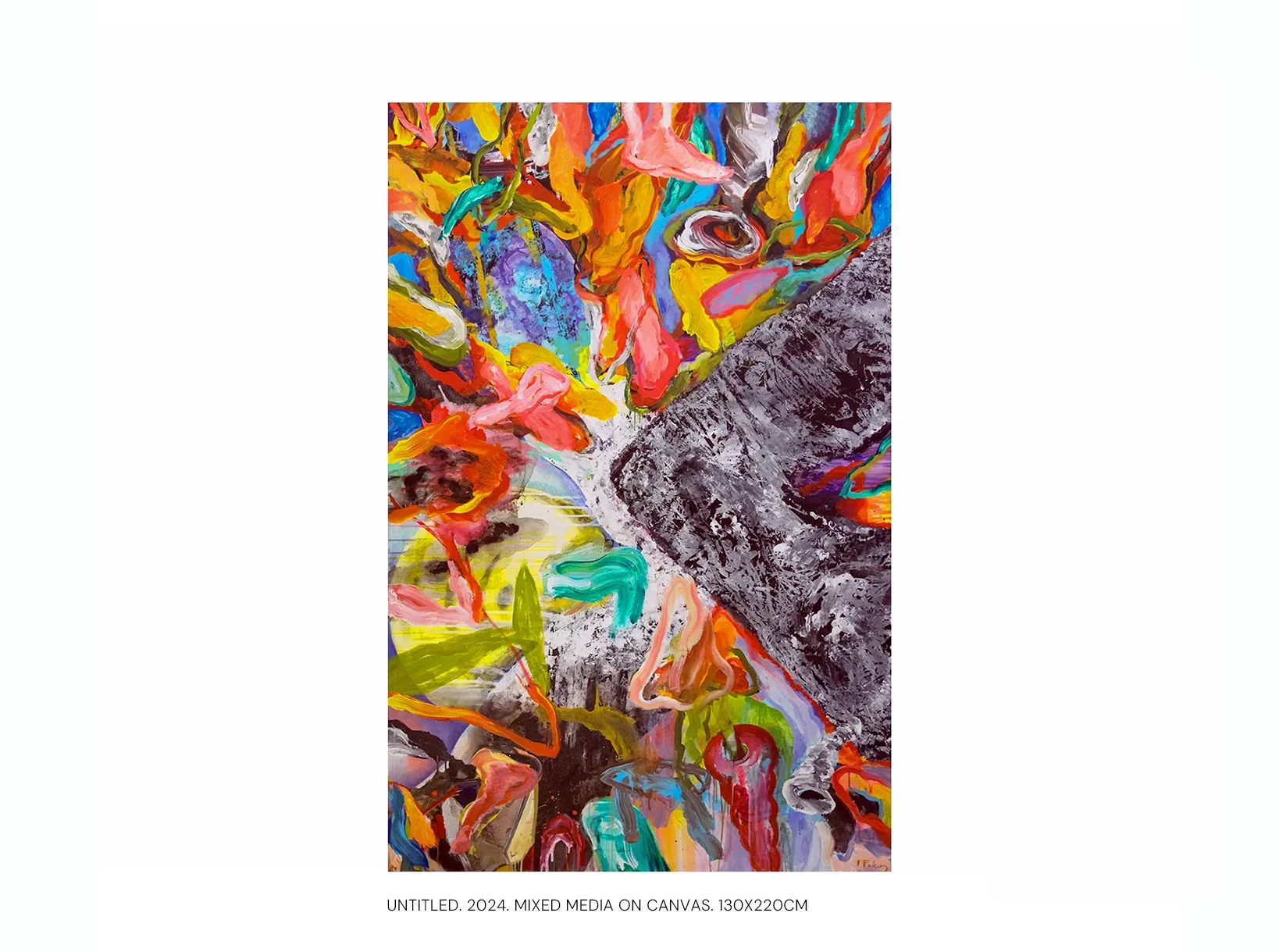 Contemporary artists Yiannis Fokas' artwork from 2024. Untitled. 130 x 220 cm. Multicolor, mixed media techniques. Various abstract and slightly formulated shapes, some reminding scarfs blown by the wind. Some paint drips.