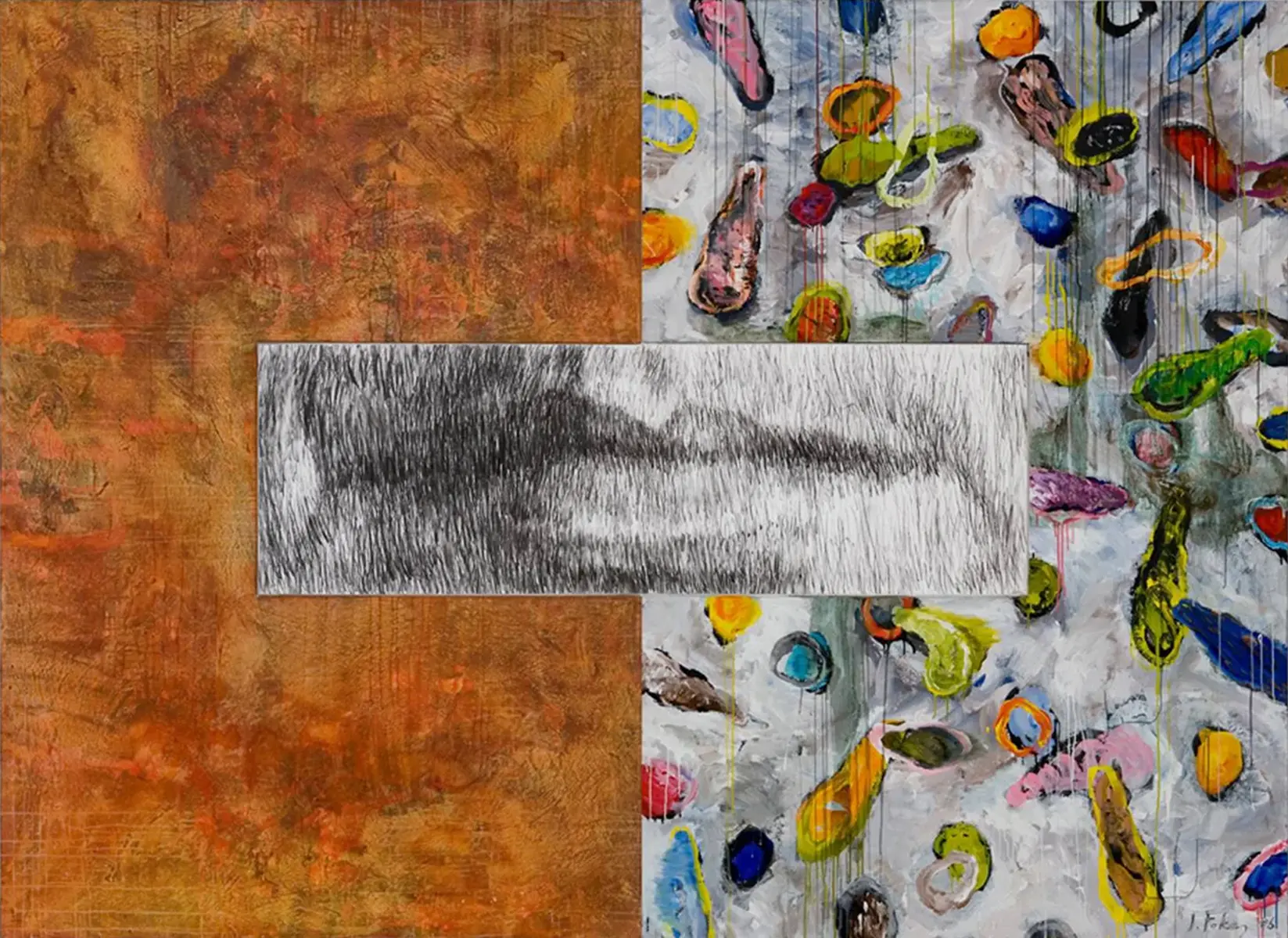 Contemporary artists Yiannis Fokas' artwork from 2006. Titled Talking Silence III. Triptych, two u-shaped canvases hugging a rectangular canvas. 220 x 300 cm. Multicolor, mixed media techniques. Left canvas orange flows of paint versus the righ with various abstract and formulated shapes, empty cans and memoirs from the atelier. The middle canvas holds a sketch of a closed mouth, silence speaking volumes; louder than words.