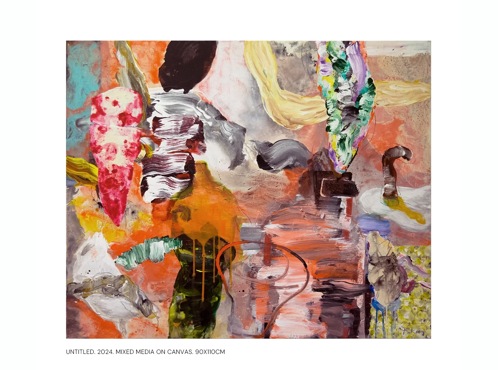 Contemporary artists Yiannis Fokas' artwork from 2024. Untitled. 90 x 110 cm. Multicolor, mixed media techniques. Various abstract and slightly formulated shapes. Some paint drips.