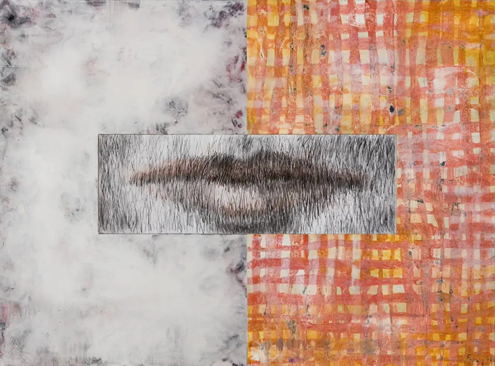 Contemporary artists Yiannis Fokas' artwork from 2006. Titled Talking Silence II. Triptych, two u-shaped canvases hugging a rectangular canvas. 220 x 300 cm. Multicolor, mixed media techniques. Right canvas orange grid versus the left abstract grey cloud. The middle canvas holds a sketch of a closed mouth, silence speaking volumes; louder than words.