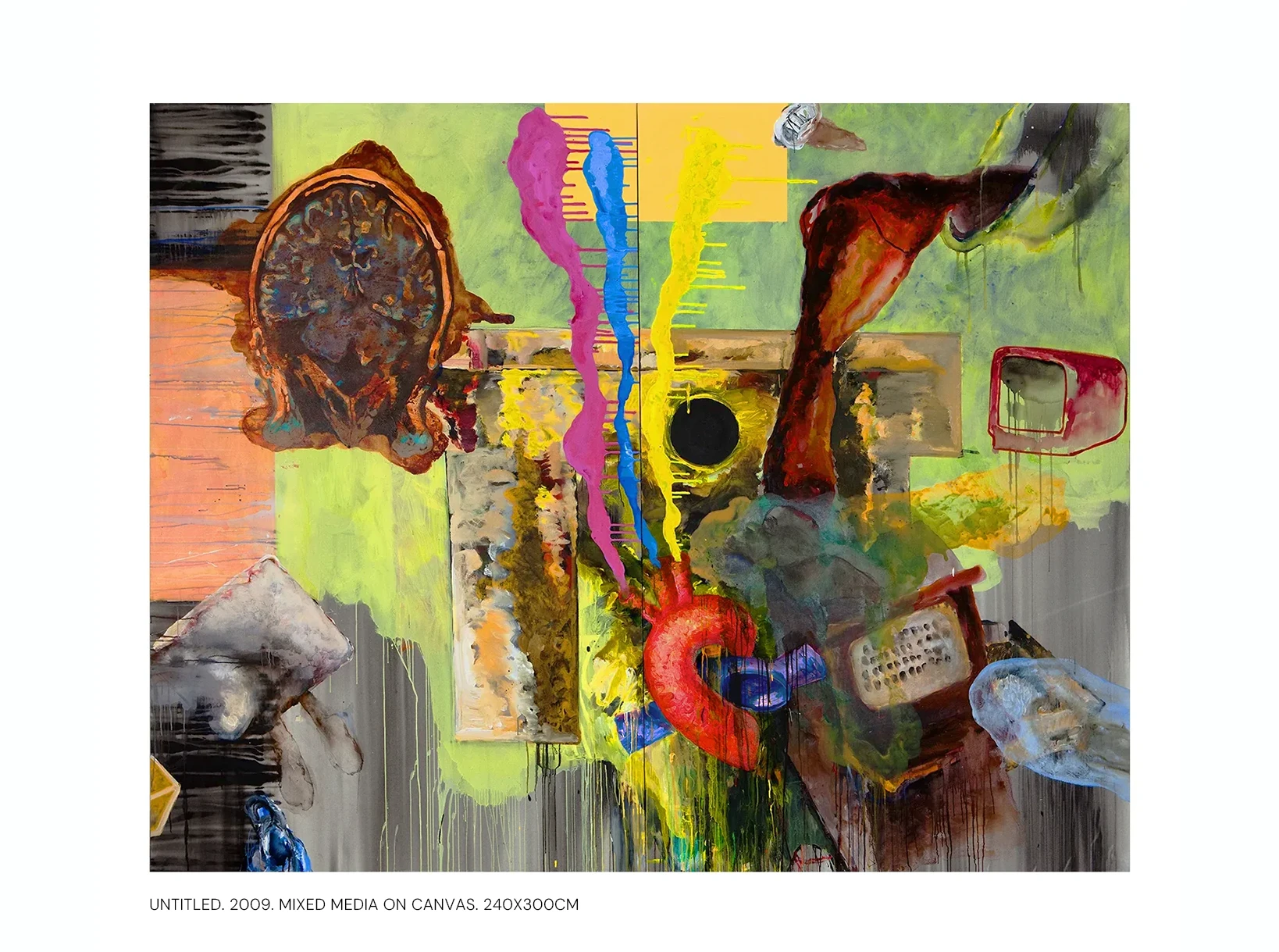 Contemporary artists Yiannis Fokas' artwork from 2009. Untitled. Diptych. 240 x 300 cm. Multicolor, mixed media techniques. Various abstract and formulated shapes. The overarching theme is formed by a brain section, a register a liver and a TV. Various paint drips in all dimensions travel through the painting space heading outside the canvas.
