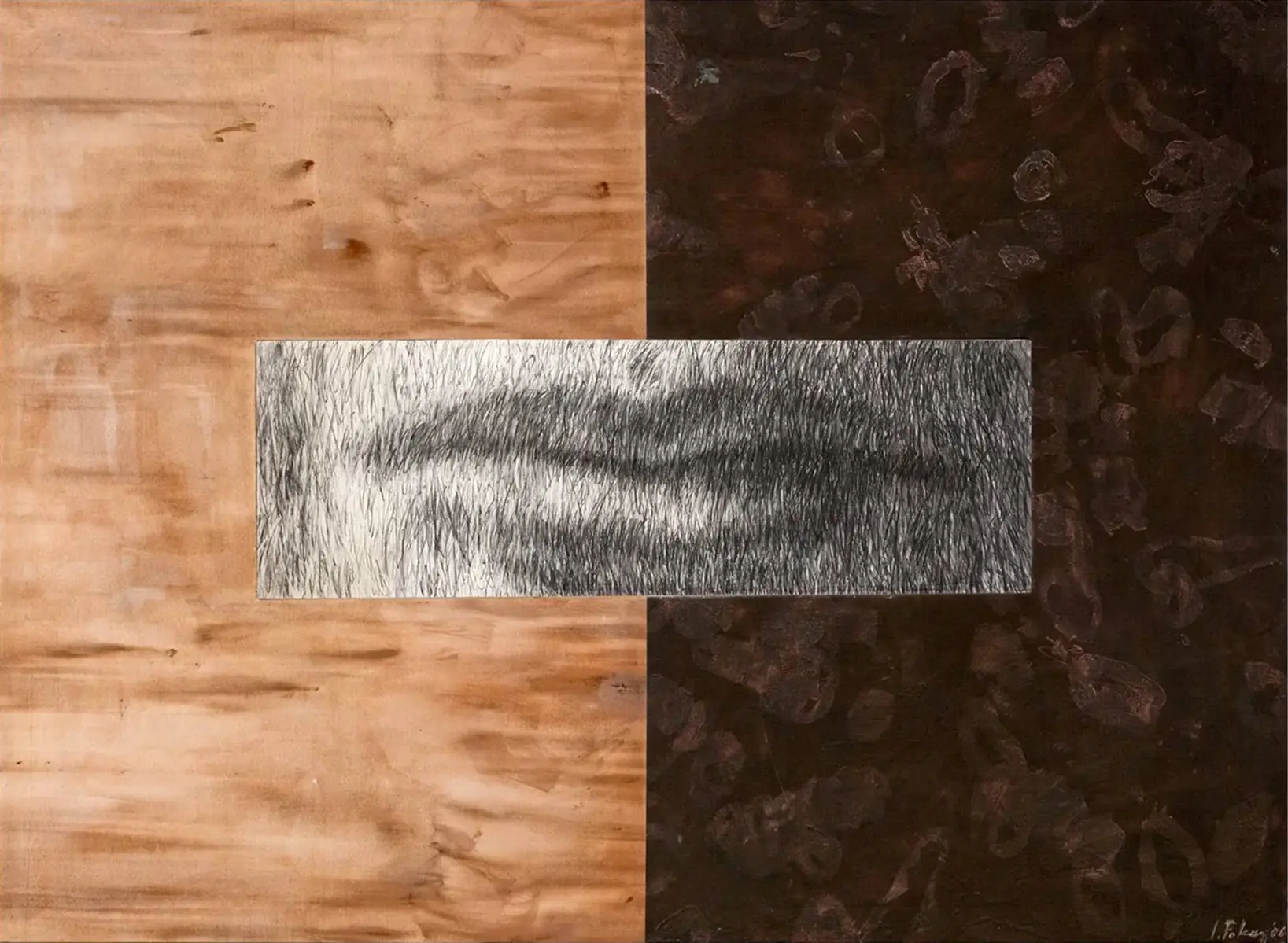 Contemporary artists Yiannis Fokas' artwork from 2006. Titled Talking Silcence I. Triptych, two u-shaped canvases hugging a rectangular canvas. 220 x 300 cm. Multicolor, mixed media techniques. Left canvas orange-brown painting versus the righ with various abstract shapes, dark brown hues. The middle canvas holds a sketch of a closed mouth, silence speaking volumes; louder than words.