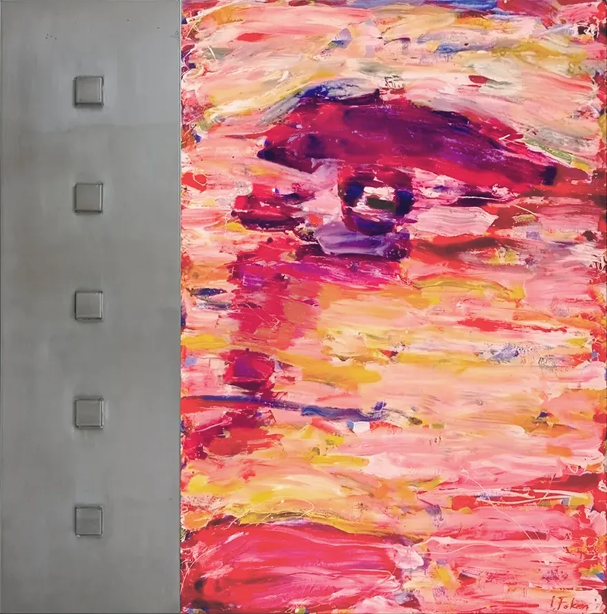 Contemporary artists Yiannis Fokas' artwork from 2006. Untitled. Diptych, canvas and metal geometric sculpture rectangle shape with small cubes in the middle forming a downward line. 220 x 300 cm. Multicolor, mixed media techniques. The canvas on the right is depicting half a face with large lively and colorful brushstrokes.
