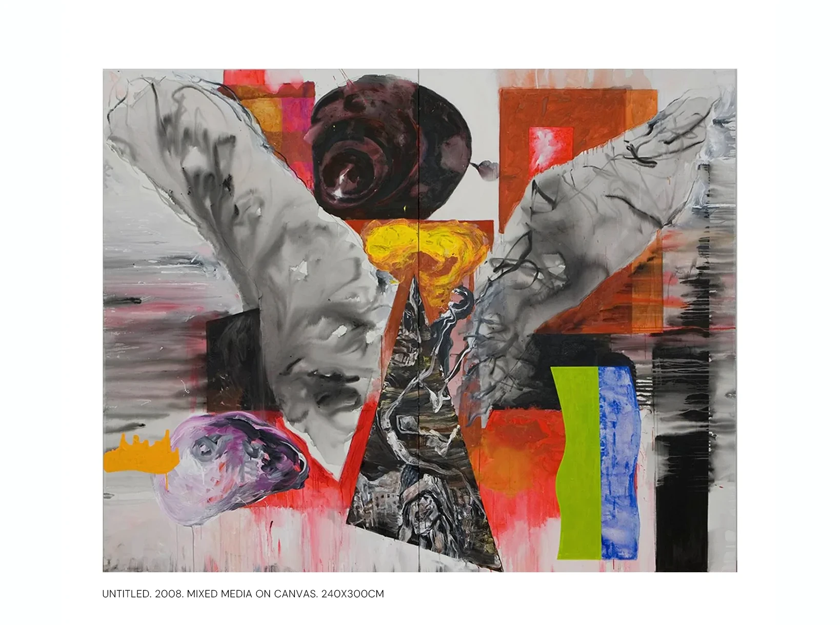 Contemporary artist Yiannis Fokas' artwork 2008. Untitled. Diptych.
240 x 300 cm. Multicolor, vast white tint background, with various abstract and formulated shapes and the overarching theme of wings and the triangular shape. Various paint drips in all dimensions travel through the painting space heading outside the canvas.