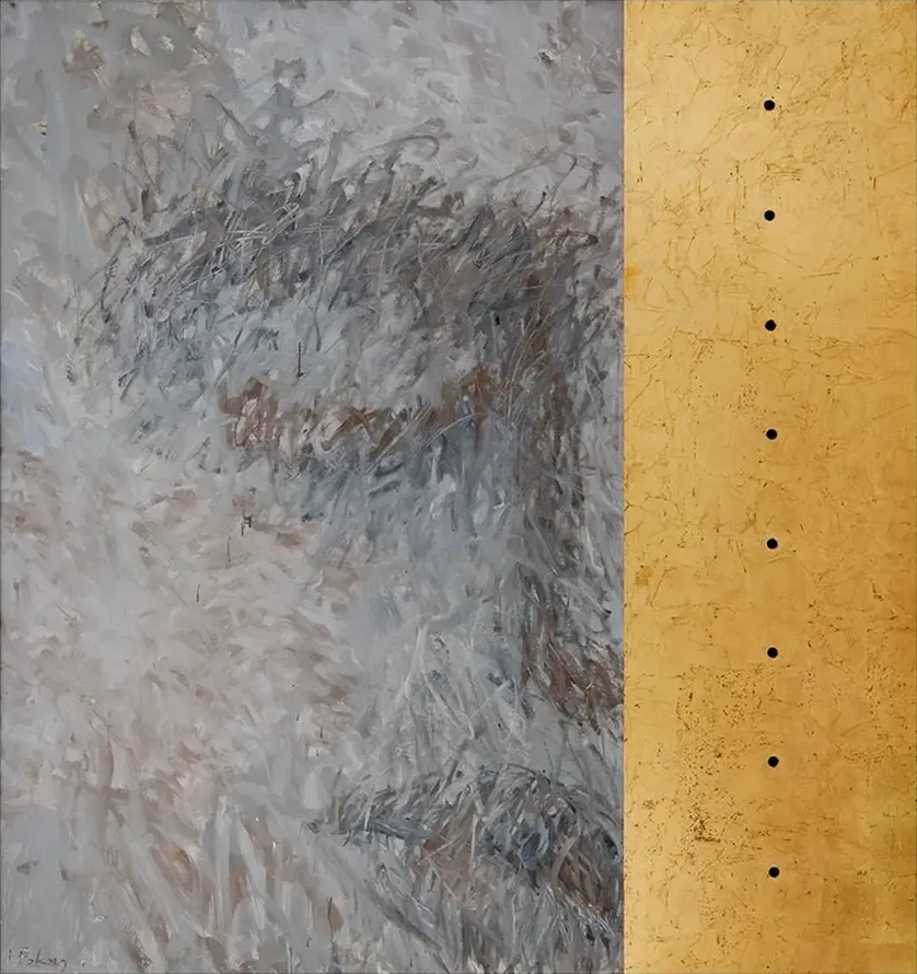 Contemporary artists Yiannis Fokas' artwork from 2006. Untitled. Diptych, canvas and gold leaf plated metal, in the middle of the plate holes forming a downward line. 205 x 220 cm. Grey, brown tones mixed media techniques. The canvas on the left is depicting half a face with closed eye. Large lively brushstrokes.
