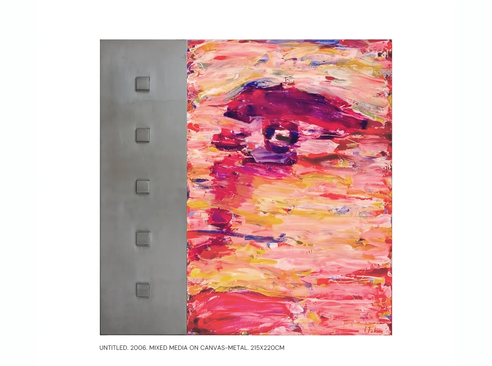 Contemporary artists Yiannis Fokas' artwork from 2006. Untitled. Diptych, canvas and metal geometric sculpture rectangle shape with small cubes in the middle forming a downward line. 220 x 300 cm. Multicolor, mixed media techniques. The canvas on the right is depicting half a face with large lively and colorful brushstrokes.