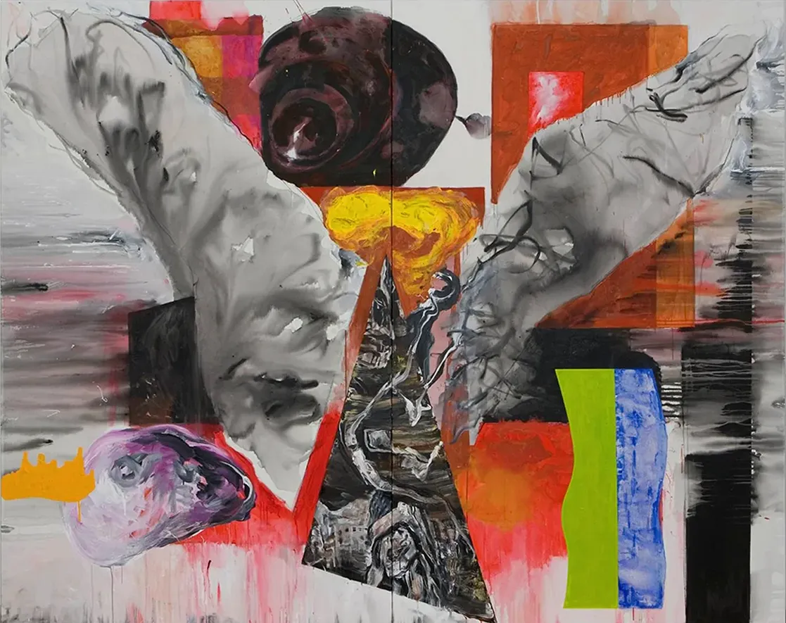 Contemporary artists Yiannis Fokas' artwork from 2008. Untitled. Diptych. 240 x 300 cm. Multicolor, mixed media techniques, vast white tint background, with various abstract and formulated shapes. The overarching theme is formed by the wings and the triangular shape. Various paint drips in all dimensions travel through the painting space heading outside the canvas.