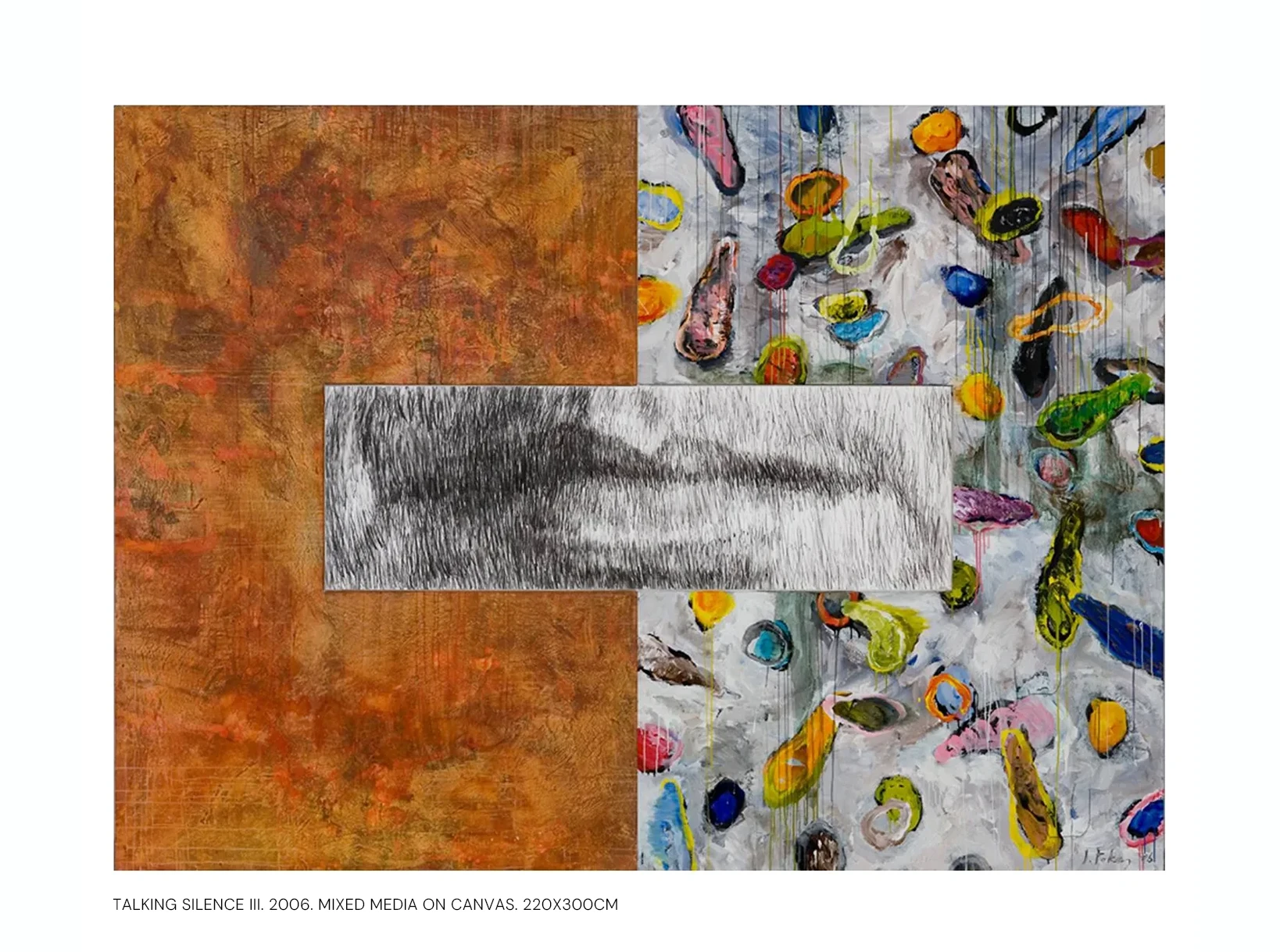 Contemporary artists Yiannis Fokas' artwork from 2006. Titled Talking Silcence III. Triptych, two u-shaped canvases hugging a rectangular canvas. 220 x 300 cm. Multicolor, mixed media techniques. Left canvas orange flows of paint versus the righ with various abstract and formulated shapes, empty cans and memoirs from the atelie. The middle canvas holds a sketch of a closed mouth, silence speaking volumes; louder than words.