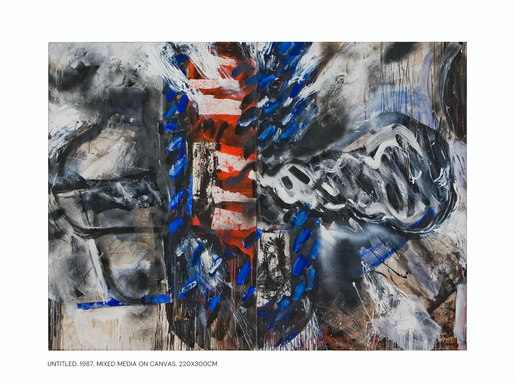 Contemporary artists Yiannis Fokas' artwork from 1987. Untitled. Diptych. 220 x 300 cm. Multicolor, mixed media techniques, matter, wild brushstrokes, and drips, spray-paint. Red, brown, blue, greys. Background in mainly grey hues. A whirlwind or cloud shape; various abstract forms shaped by strokes, forms and matter.