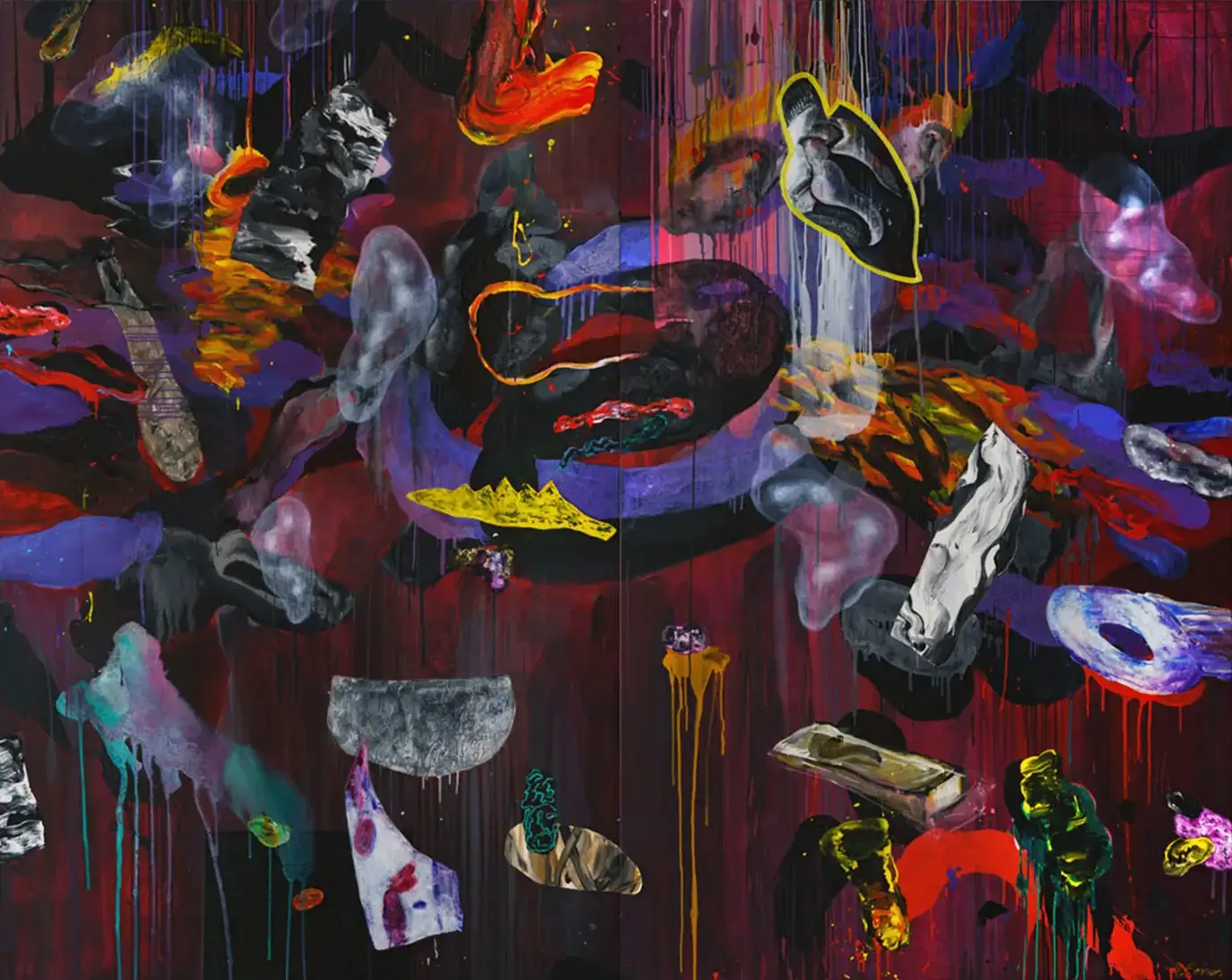 Contemporary artists Yiannis Fokas' artwork from 2019. Untitled. Diptych. 240 x 300 cm. Multicolor, mixed media techniques. Various abstract and formulated shapes, an organ resembling shape. Purple hues. Various paint drips in all dimensions travel through the painting space heading outside the canvas.