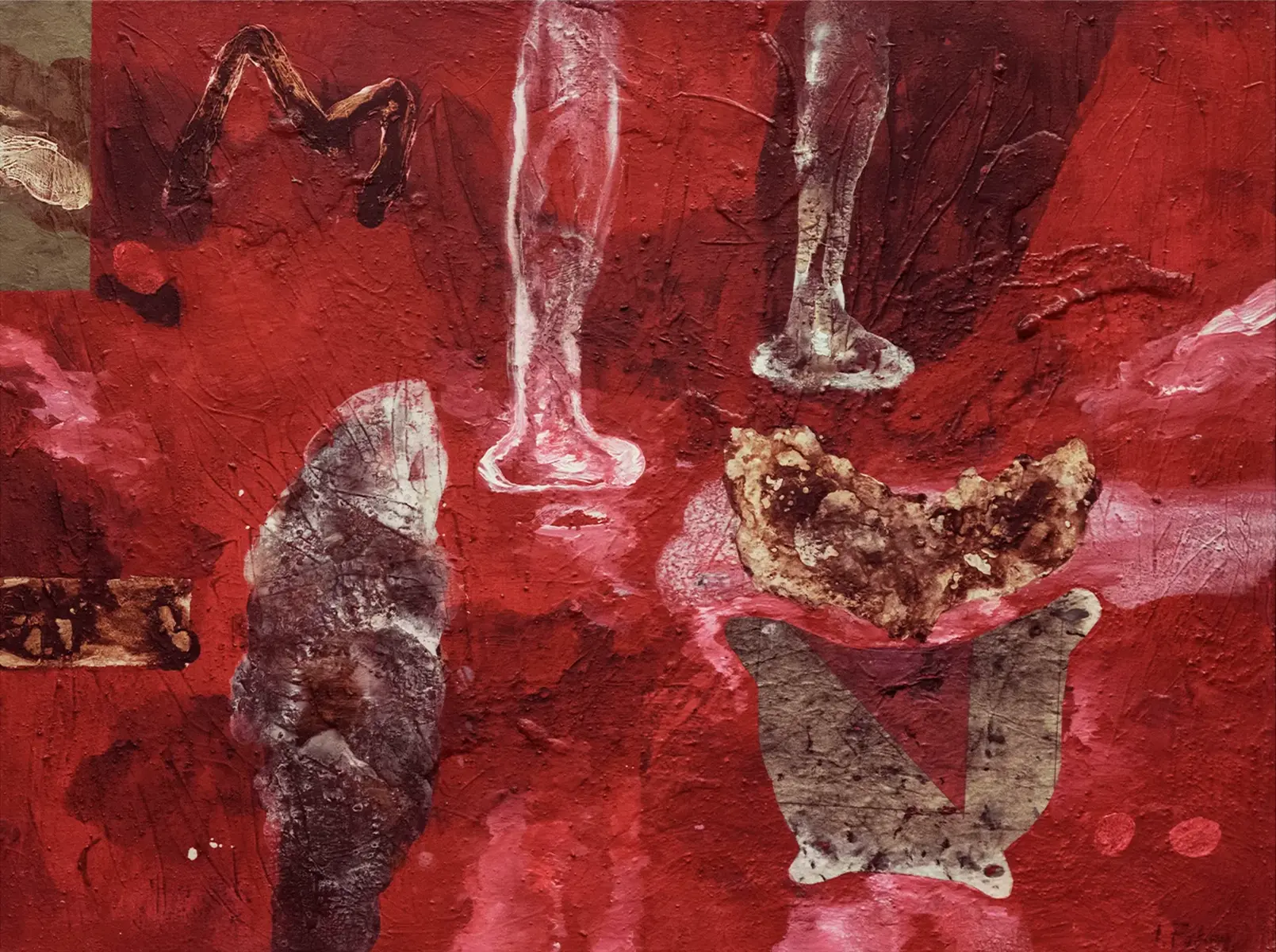 Contemporary artists Yiannis Fokas' artwork from 2016. Untitled. 60 x 80 cm. Red hues, mixed media techniques. Red hues background, with various abstract and semi-formed greyscale and brown shapes.