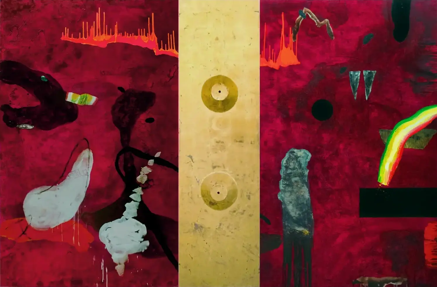 Contemporary artists Yiannis Fokas' artwork from 2016. Scarlet Magnus. Triptych. Mixed media on canvas an gold leaf plated metal sculpture plate (2 cone shapes with a hole on top). 240 x 365 cm. Strong red hues with various multicolored shapes. A rainbow, an elephant tooth.