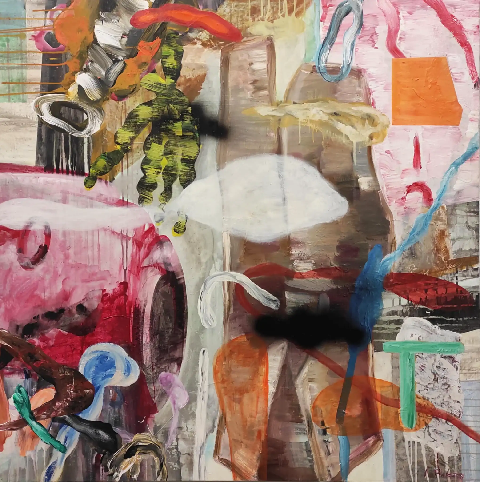 Contemporary artists Yiannis Fokas' artwork from 2023. Untitled. 120 x 120 cm. Multicolor, mixed media techniques. Various abstract and slightly formulated shapes, mainly warm tones, some red forms and some yellow, black, blue and pink. Form resembling a white eye. Some paint drips.