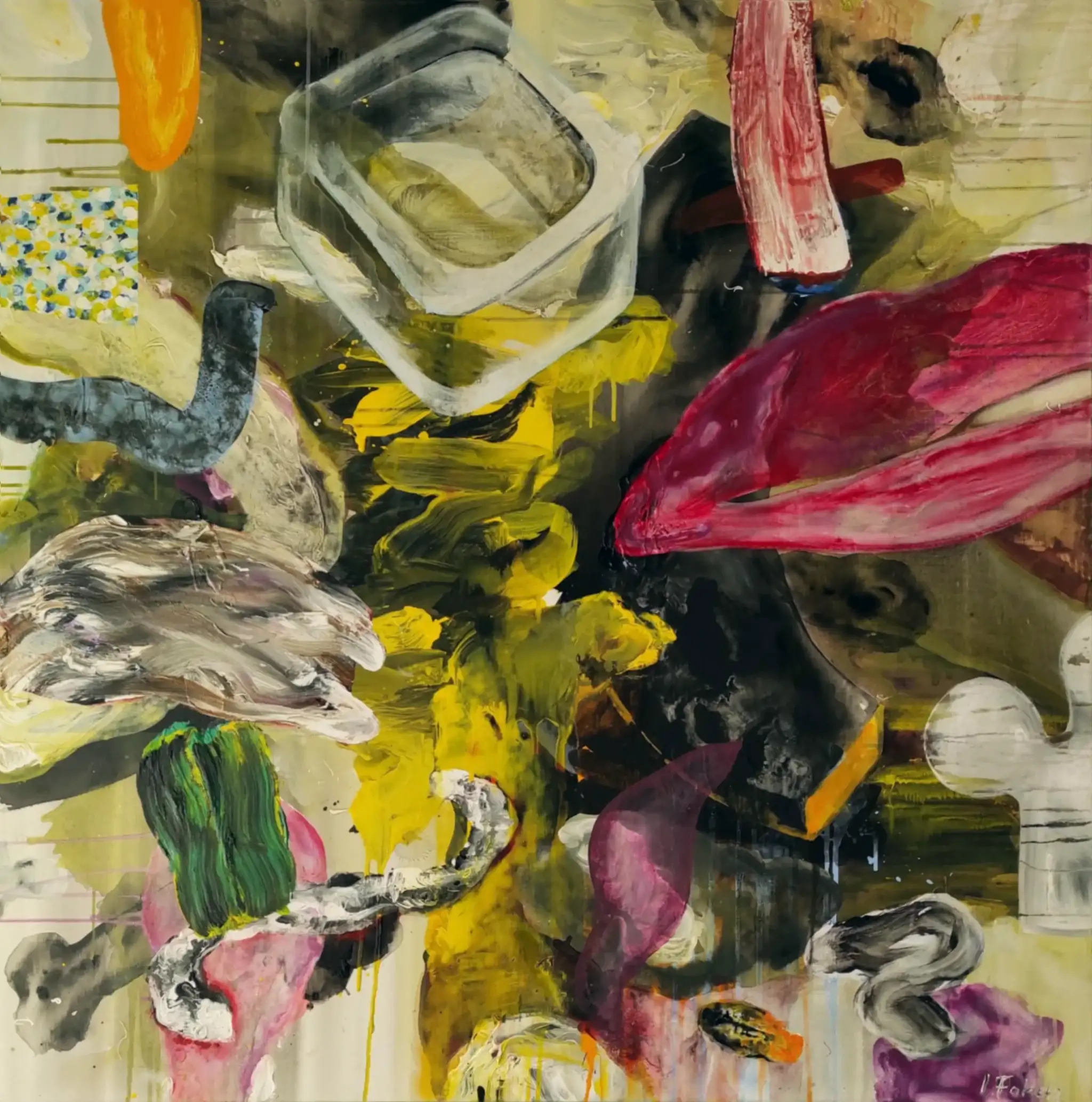 Contemporary artists Yiannis Fokas' artwork from 2023. Untitled. 120 x 120 cm. Multicolor, mixed media techniques. Various abstract and slightly formulated shapes, mainly warm tones, some red forms and some yellow, black, blue and pink. Form resembling lips. Some paint drips.