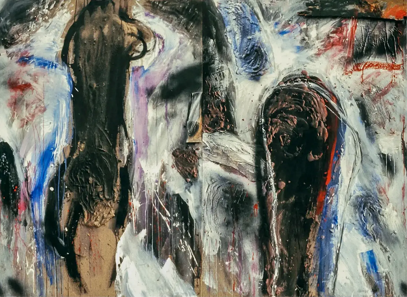 Contemporary artists Yiannis Fokas' artwork from 1988. Untitled. Diptych. 190 x 260 cm. Multicolor, mixed media techniques, matter, wild brushstrokes, and drips, spray-paint. Red, brown, blue, white hues. Two large forms one in each canvas surrounded with strokes and matter.