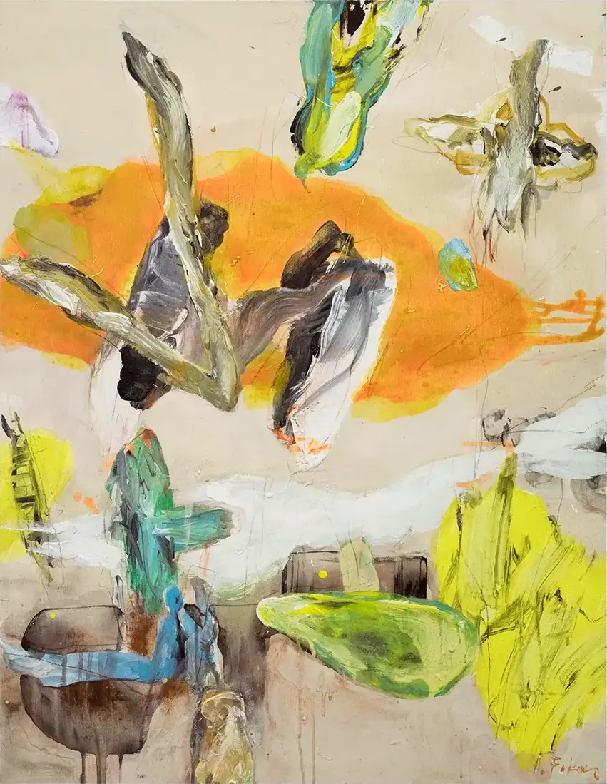 Contemporary artists Yiannis Fokas' artwork from 2024. Untitled. 70 x 90 cm. Multicolor, mixed media on canvas. Various abstract and slightly formulated shapes, beige background. Some orange and yellow, teal. Some paint drips, pencil strokes, brush strokes.