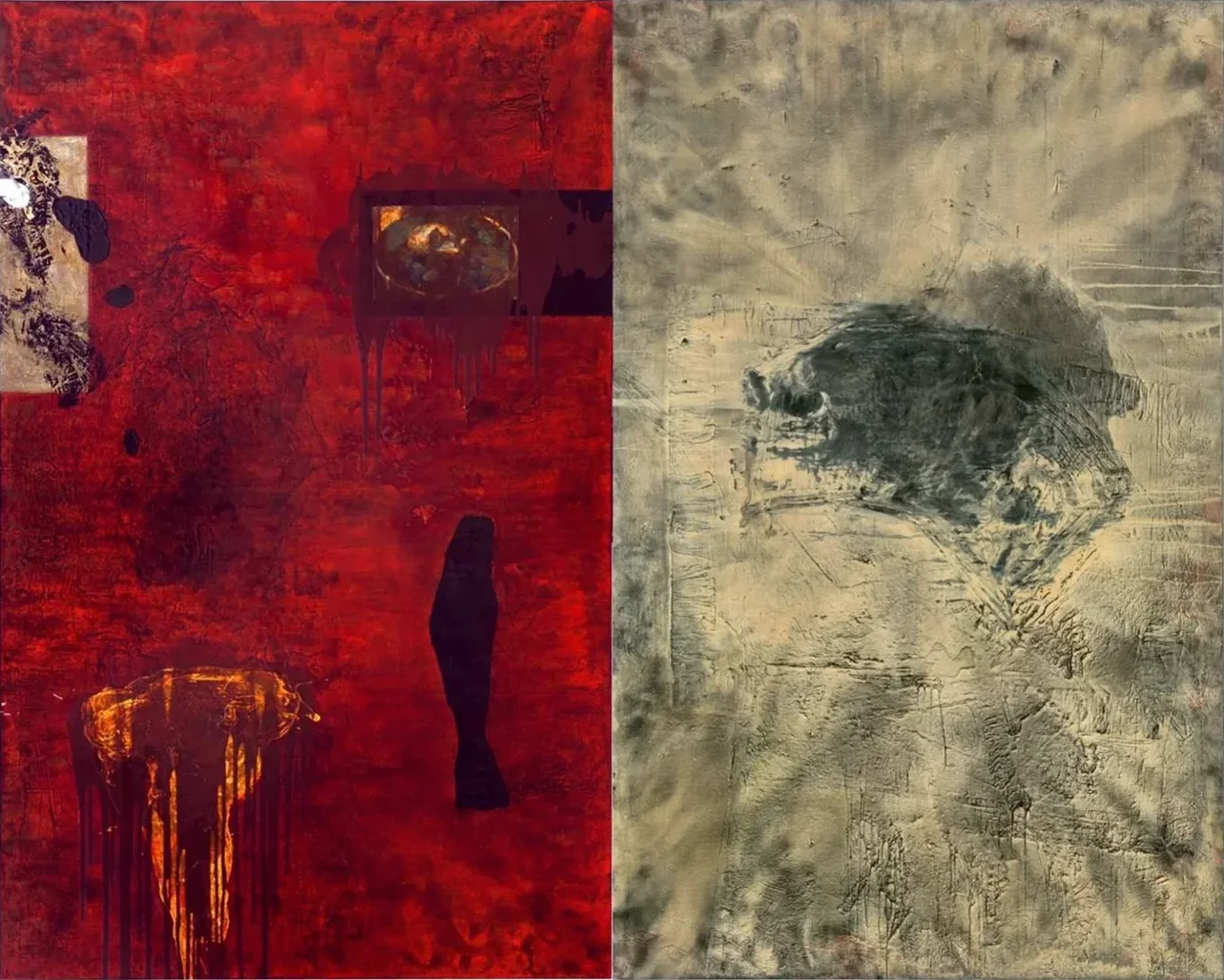 Contemporary artists Yiannis Fokas' artwork from 2016. Trophies. Triptych. 240 x 300 cm. Strong red hues versus beige on the right canvas. Mixed media. A t shape, John the Baptist’s head on a plate, a wild boar trophy staring at the head. Drips and paint flowing allover.