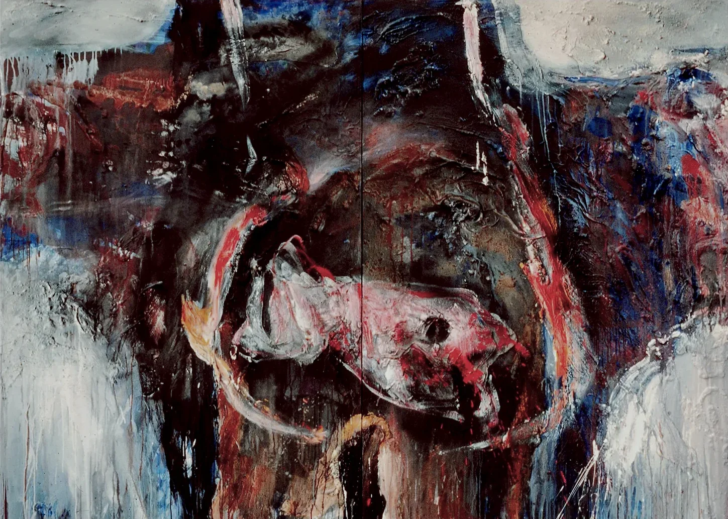 Contemporary artists Yiannis Fokas' artwork from 1988. Untitled. Diptych. 190 x 260 cm. Multicolor, mixed media techniques, matter, wild brushstrokes, and drips, spray-paint. Red, brown, blue, white hues. A form resembling a fish in center.
