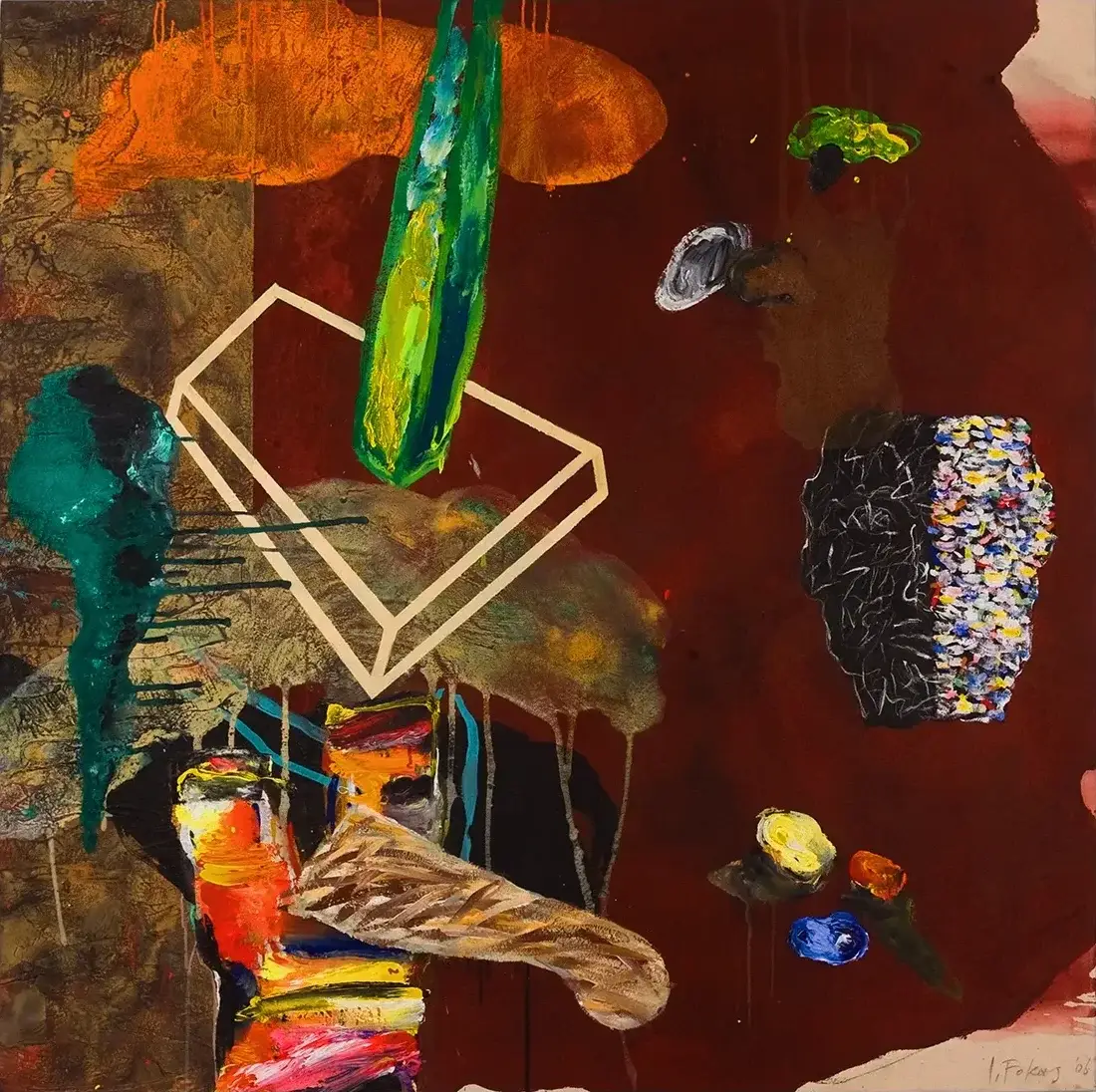 Contemporary artists Yiannis Fokas' artwork from 2008. Untitled. 140 x 140 cm. Vast brown tint background multicolor shapes, mixed media on canvas. Various abstract forms, an outline resembling a plaque. Some paint drips.