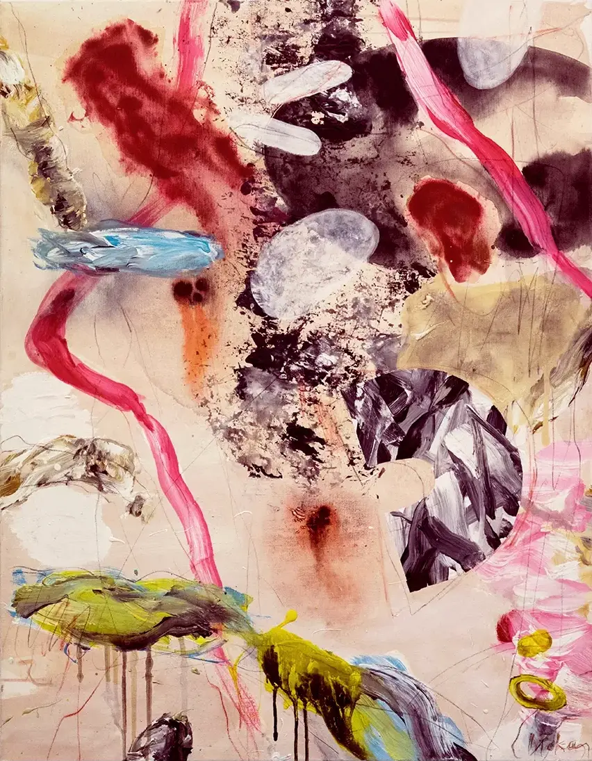 Contemporary artists Yiannis Fokas' artwork from 2024. Untitled. 70 x 90 cm. Multicolor, mixed media on canvas. Various abstract and slightly formulated shapes, an outline resembling a human face profile. Some paint drips, pencil strokes, brush strokes.