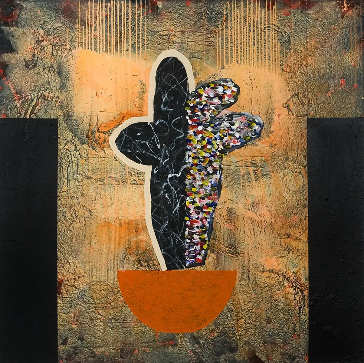 Contemporary artists Yiannis Fokas' artwork from 2008. Untitled. 120 x 120 cm. Multicolor, mixed media techniques. Various abstract and slightly formulated shapes, mainly orange tones background, some black forms and some orange and brown. Some paint drips. A cactus resembling form, an orange base.