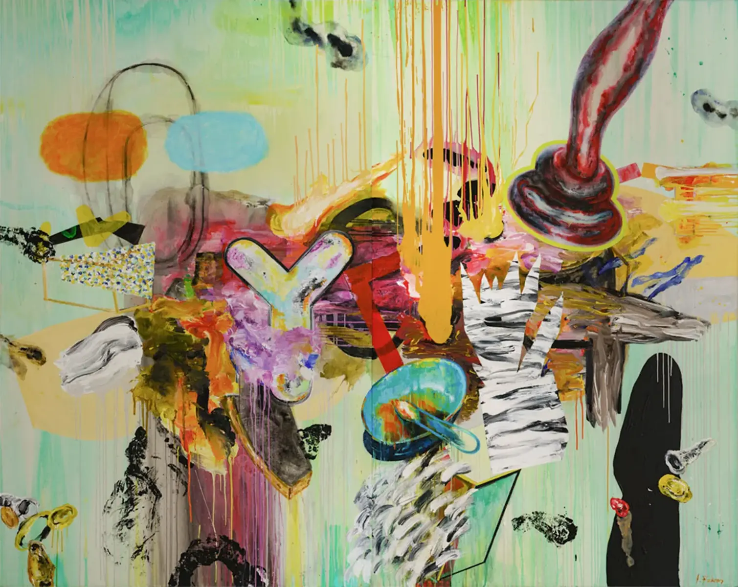 Contemporary artists Yiannis Fokas' artwork from 2015. Untitled. Diptych. 240 x 300 cm. Multicolor, mixed media techniques. Vast green tint background, various abstract and slightly formulated shapes, some reminding a paintbrush and a bowl. Paint drips flowing in various perpendicular directions heading to the borders of the canvas.