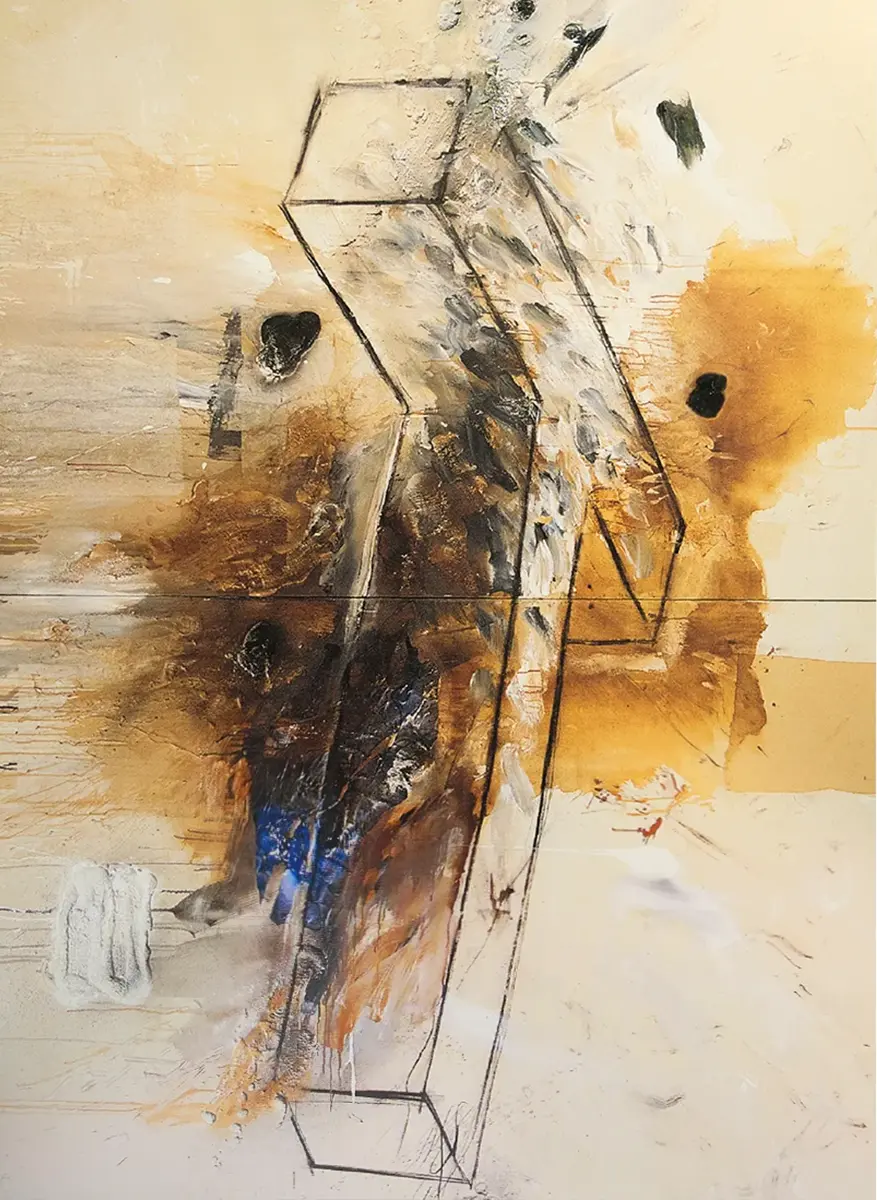 Contemporary artists Yiannis Fokas' artwork from 1994. Untitled. Diptych. 300 x 220 cm. Mixed media techniques a T shape and brown flows and drips on a beige background.