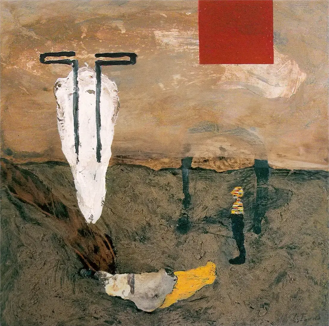 Contemporary artists Yiannis Fokas' artwork from 2003. Untitled. 80 x 80 cm. Multicolor, dark, mixed media techniques, blue-grey ground a human shape, a black t-shape outline, a door outline, a brown-orange rectangle on the sky.