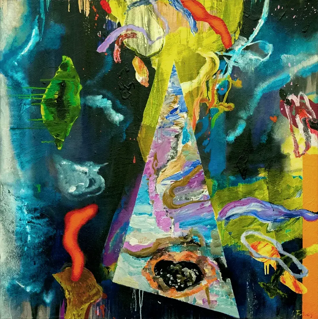 Contemporary artists Yiannis Fokas' artwork from 2017. Untitled. 140 x 140 cm. Mixed media techniques. Various forms mostly blue tints, contrasting reds, orange and yellow shapes; a triangular shape filled with many other, a little heart shape.