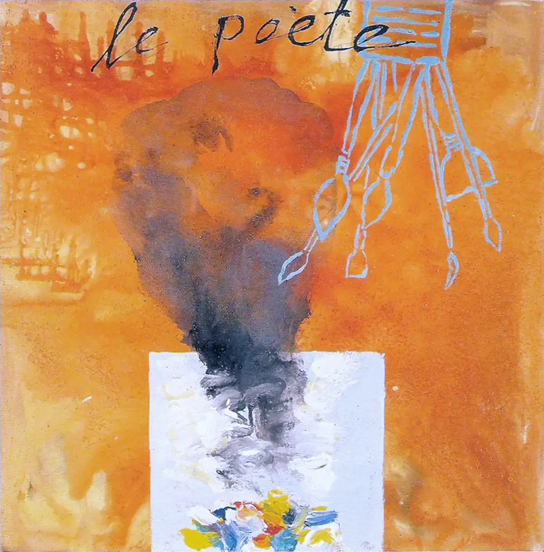 Contemporary artists Yiannis Fokas' artwork from 2003. Untitled. 80 x 80 cm. Mixed media techniques. Orange tints background, calligraphic writing close to top “la poete”; a can of brushes in blue - teal outline.
