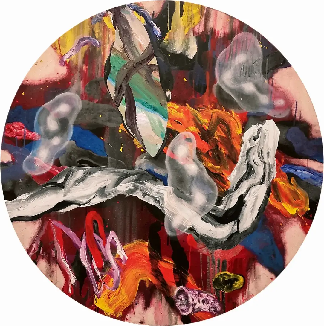 Contemporary artists Yiannis Fokas' artwork from 2020. Untitled. Circular canvas. Diameter of 107 cm. Various abstract multicolored shapes, warm tones.