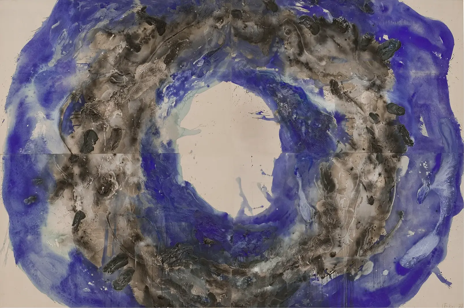 Contemporary artists Yiannis Fokas' artwork from 1995. Untitled. Quadriptych. 300 x 440 cm. Blue and black, mixed media techniques, matter, wild brushstrokes, and drips. Beige background color of canvas. A large circular wave of blue and black various abstract forms shaped by brushstrokes and matter.