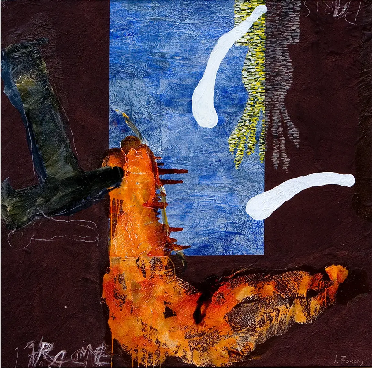 Contemporary artists Yiannis Fokas' artwork from 2006. Untitled. 120 x 120 cm. Multicolor, mixed media techniques. Various abstract and slightly formulated shapes, mainly brown tones background, some orange, black and blue forms. Some paint drips.