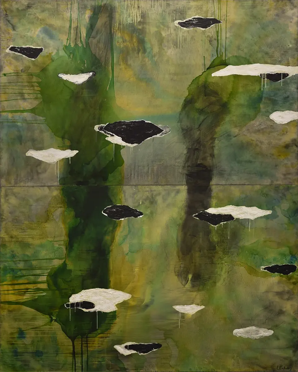 Contemporary artists Yiannis Fokas' artwork from 2018. Untitled. Diptych. 300 x 240 cm. Green and dark green hues, mixed media on canvas. Black and white forms resembling islands. Drips and paint floods flowing allover.