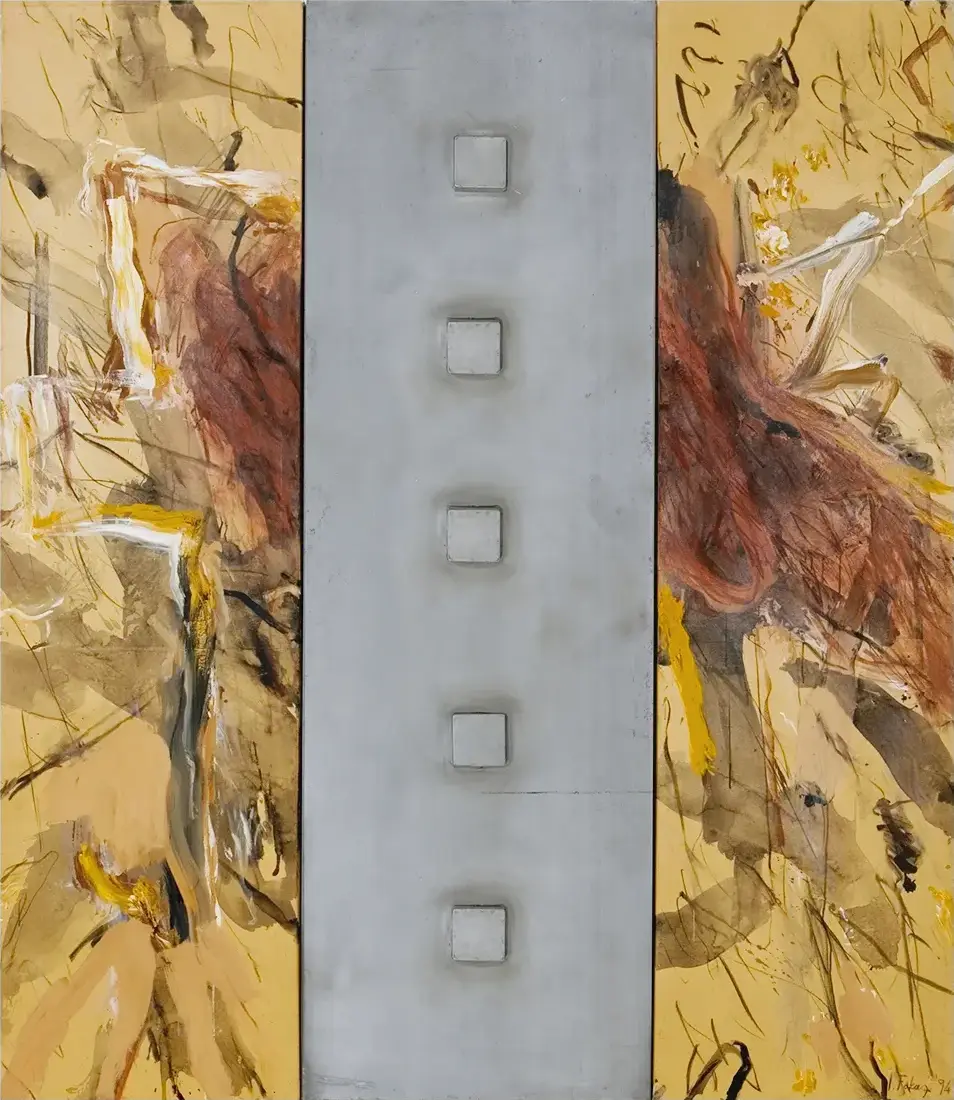 Contemporary artists Yiannis Fokas' artwork from 1994. Untitled. Triptych. 190 x 220 cm. Two canvases, metal plate in the middle with small metal cubes running down. Beige and brown tones, mixed media techniques. Various forms, wild yellow, white, dark brown and black brushstrokes.