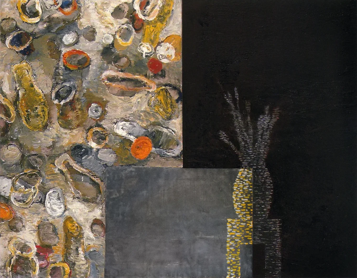 Contemporary artists Yiannis Fokas' artwork from 2003. Untitled. Triptych. 140 x 180 cm. Multicolored, mixed media techniques and forms resembling materials from the atelier. Beige tint background, with various abstract multicolored shapes, a grey shape and a dark canvas on the right, a form with brushstrokes resembling brushes inside a vase on a stool.