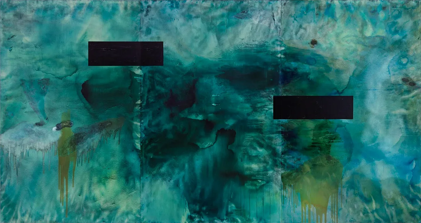 Contemporary artists Yiannis Fokas' artwork from 2016. Emerald blue. Triptych. 240 x 450 cm. Green and teal hues, mixed media on canvas. Various abstract flows and two black rectangular shapes, resembling islands or points on the sea. Drips and paint floods flowing allover.
