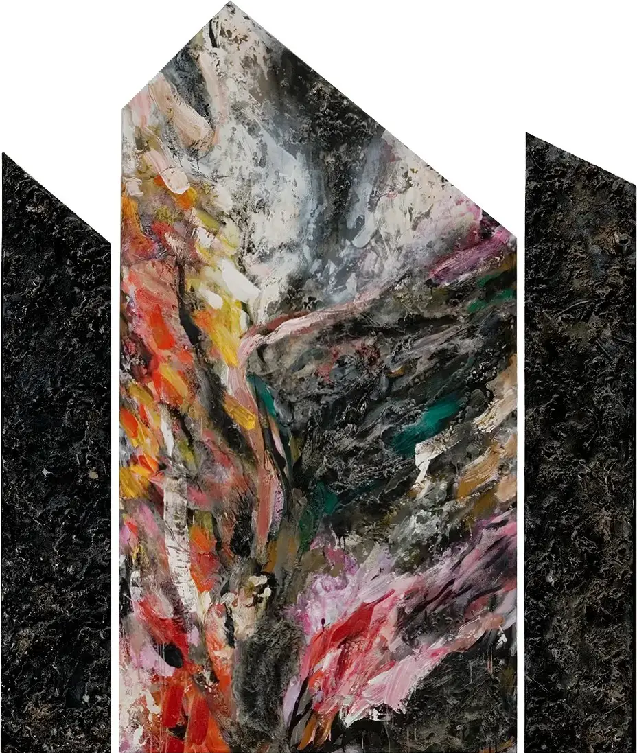 Contemporary artists Yiannis Fokas' artwork from 1988. Triptych. Untitled. 250 x 200 cm. Multicolor, mixed media techniques, matter, wild brushstrokes, and drips, spray-paint. Blue, yellow, orange, red. Hues of a wildfire. Two side pieces resemble ashes of the wildfire. Various abstract forms shaped by strokes, forms and matter.