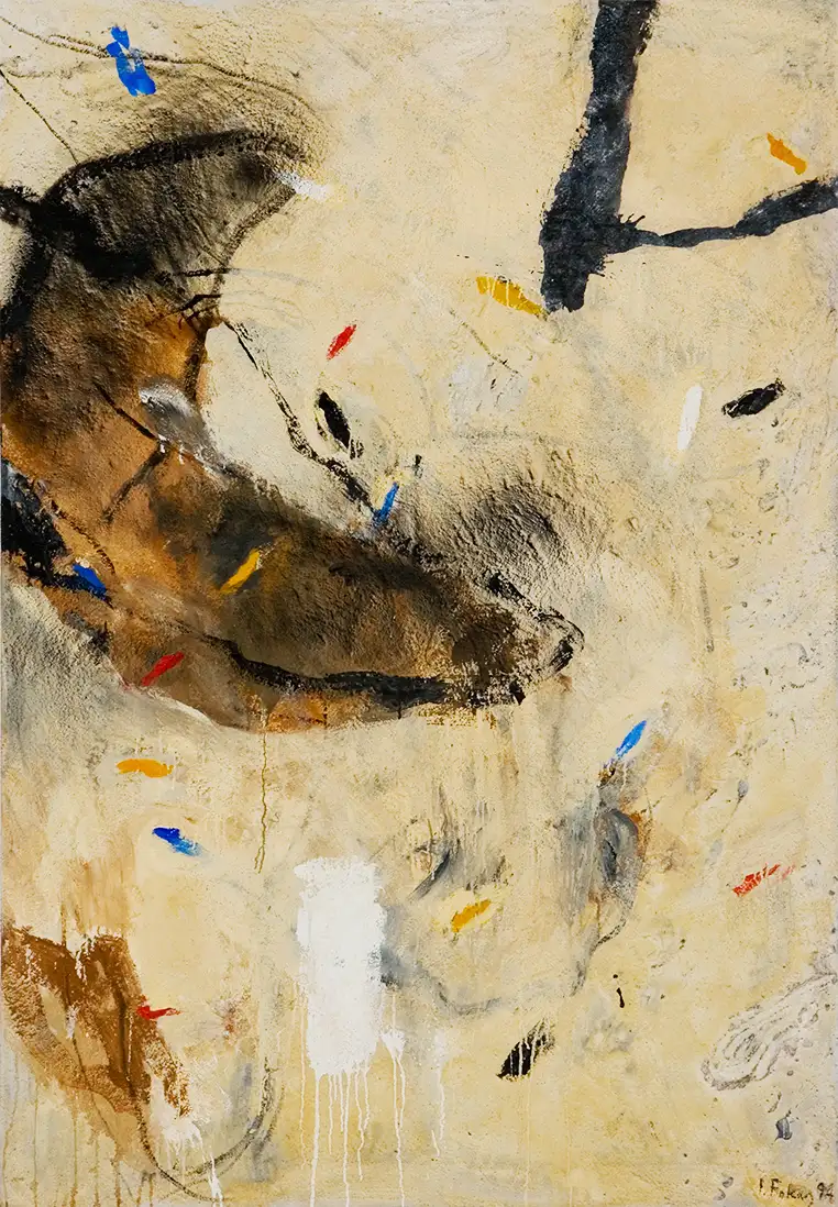 Contemporary artists Yiannis Fokas' artwork from 1994. Untitled. 190 x 130 cm. Beige and brown tones, mixed media techniques. Various forms, wild yellow, white, dark brown and black brushstrokes. A shape resembling a half moon.