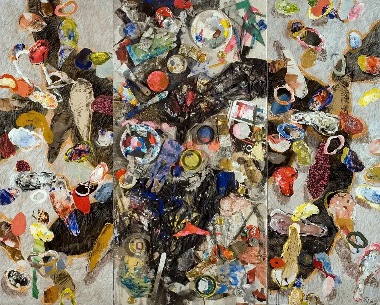 Contemporary artists Yiannis Fokas' artwork from 2003. Untitled. Triptych. 220 x 200 cm. Multicolored, mixed media techniques and materials from the atelier collage. Grey tint background, with various abstract multicolored shapes.