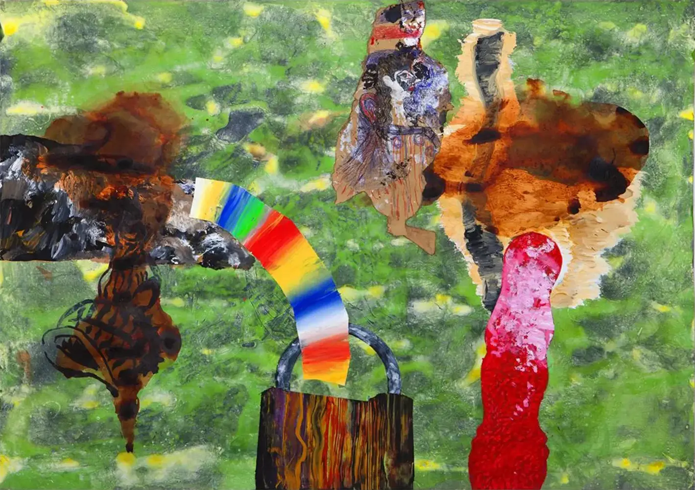 Contemporary artists Yiannis Fokas' artwork from 2010. Untitled. Paper. 70 x 100 cm. Multicolor, mixed media techniques. Vast green tint background, various abstract and slightly formulated shapes, some reminding a rainbow and a seashell. Some paint drips.