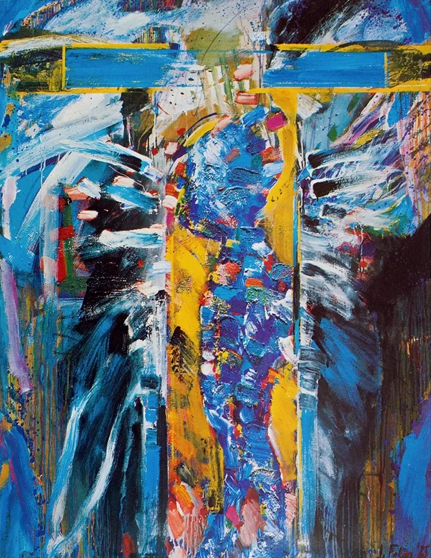 Contemporary artists Yiannis Fokas' artwork from 1986. Untitled. 160 x 130 cm. Multicolor, mixed media techniques, matter, wild brushstrokes, and drips, spray-paint. Blue, yellow, orange, red. Mainly blue hues. A shape of a human inside a t shape, various abstract forms shaped by strokes, forms and matter.