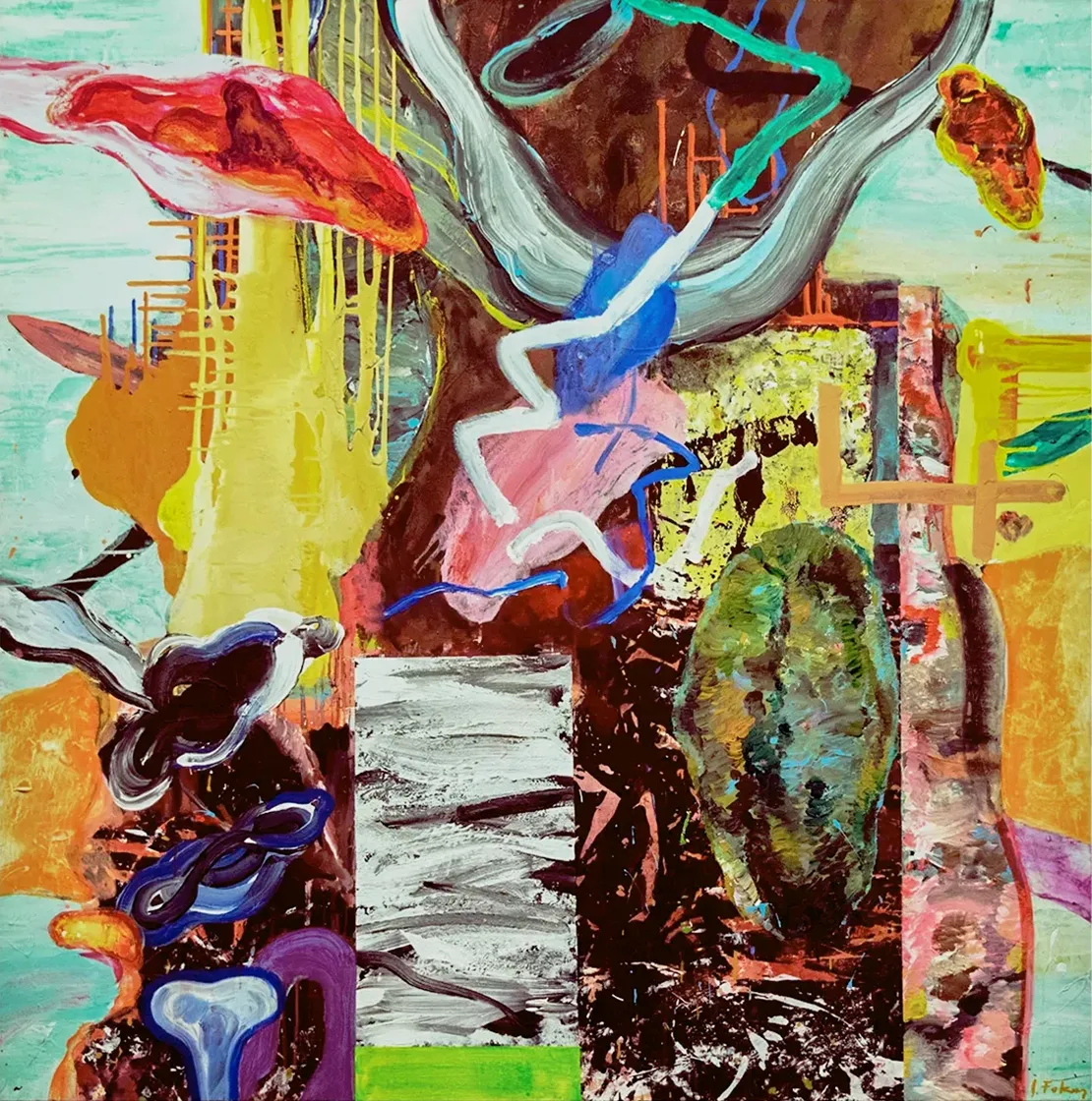 Contemporary artists Yiannis Fokas' artwork from 2019. Untitled. 140 x 140 cm. Mixed media techniques. Various forms, orange tints, contrasting reds, pinks, orange and yellow shapes, teal background; various drips in multiple perpendicular directions flowing to the borders of the canvas.