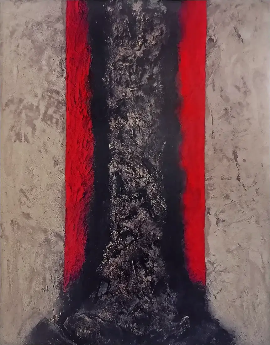 Contemporary artists Yiannis Fokas' artwork from 1994. Untitled. 180 x 140 cm. Mixed media techniques a dark shape penetrating a beige background, 2 red shapes hugging the dark.