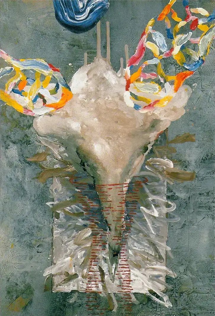 Contemporary artists Yiannis Fokas' artwork from 2003. Untitled. 190 x 130 cm. Multicolored, mixed media techniques. Blue-grey tint background, with various abstract and formulated shapes. A cloud reminding an ice cream or a twister, a biped stand holding it, a rectangle, various semi-formed shapes. Some paint drips.
