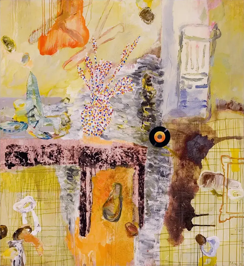 Contemporary artists Yiannis Fokas' artwork from 2003. Untitled. 220 x 200 cm. Multicolor, mixed media techniques, vast beige-yellow tint background, with various abstract and formulated shapes. A vinyl disc glued, shapes reminding a toy pony, a painting frame, a table. Various paint drips and aeras of paint in all dimensions travel through the painting space heading outside the canvas.