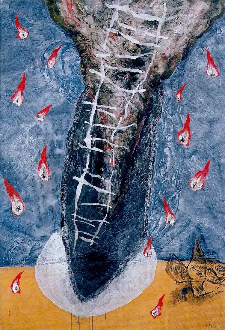 Contemporary artists Yiannis Fokas' artwork from 2002. Untitled. 190 x 130 cm. Blue, red, black, yellow tints, mixed media techniques. Blue background, with various abstract and formulated shapes. Shapes reminding a meteors raining from the sky, a stairway from heaven coming from a twister like cloud shape, orange tint ground. Some paint drips and matter.