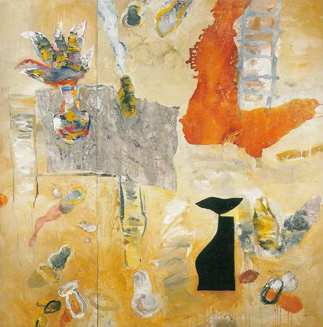 Contemporary artists Yiannis Fokas' artwork from 2002. Untitled. Diptych. 220 x 217 cm. Multicolor, mixed media techniques, vast beige-orange tint background, with various abstract and formulated shapes. Shapes reminding a stairs, bottles a cactus plant. Less prominent paint drips and aeras of paint in all dimensions travel through the painting space heading outside the canvas.